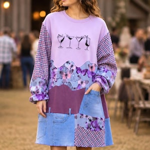 Túnica vaquera de talla grande con patchwork, camisa bordada, sudadera gráfica, ropa reciclada, única, hecha a mano, sostenible, estilo boho hippie.