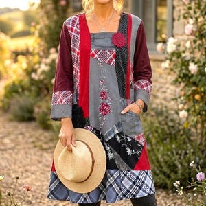 Handcrafted Tunic Plus Size for Artistic Women Gift Floral Embroidered Denim Plaid Patchwork Swing Dress Sustainable Artisan Wearable Art