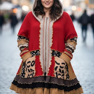 Upcycled Wolle Kapuzen Pullover Mantel 2X Plus Size Handmade Patchwork Zip Winter Frauen Strickjacke