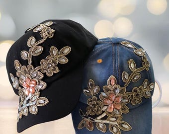 Rhinestone Floral Denim Baseball Cap: Crystal Applique Bling Hat