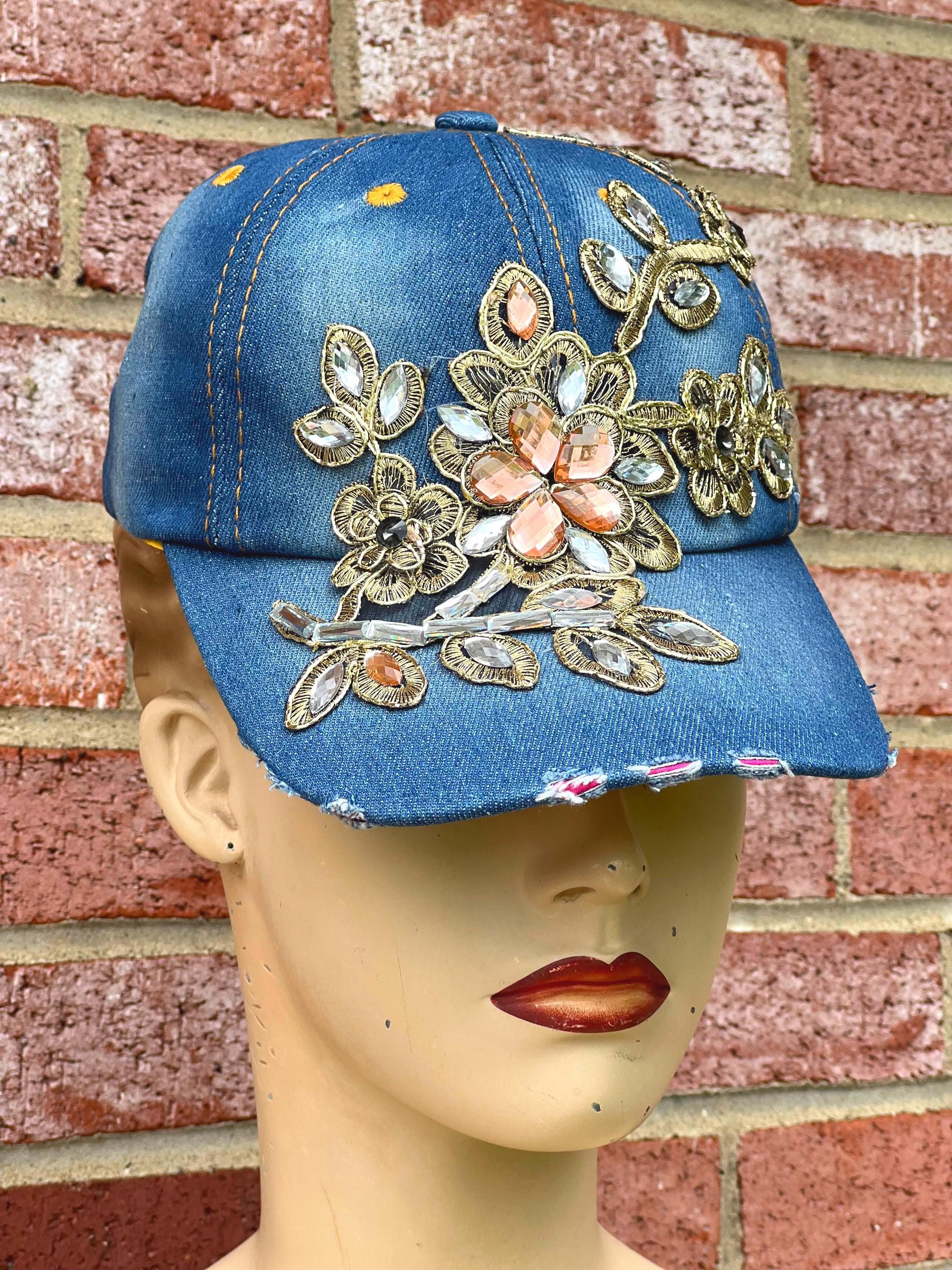 Rhinestone Floral Denim Baseball Cap: Crystal Applique Bling  display picture 1