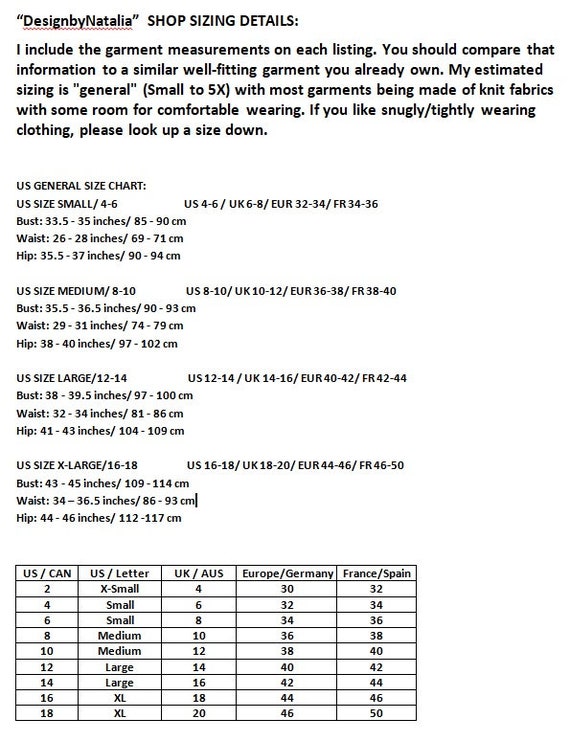 Dress Size Chart Medium