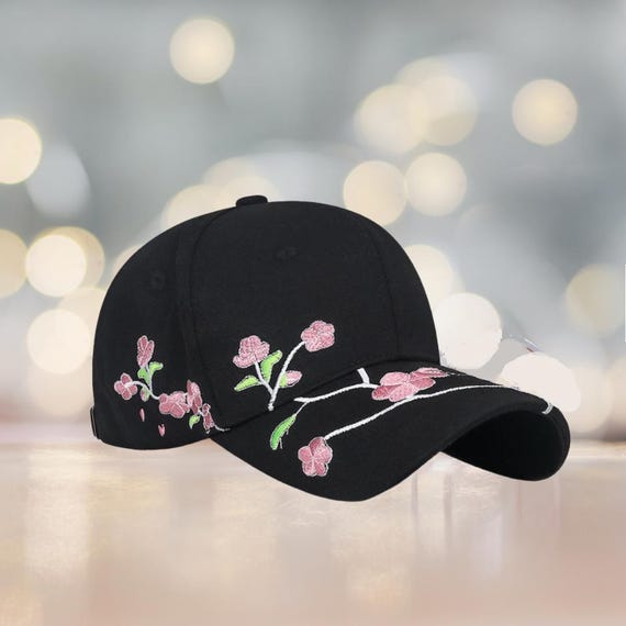 Floral Embroidered Black Cotton Baseball Cap: Cherry Blossom  display picture 1
