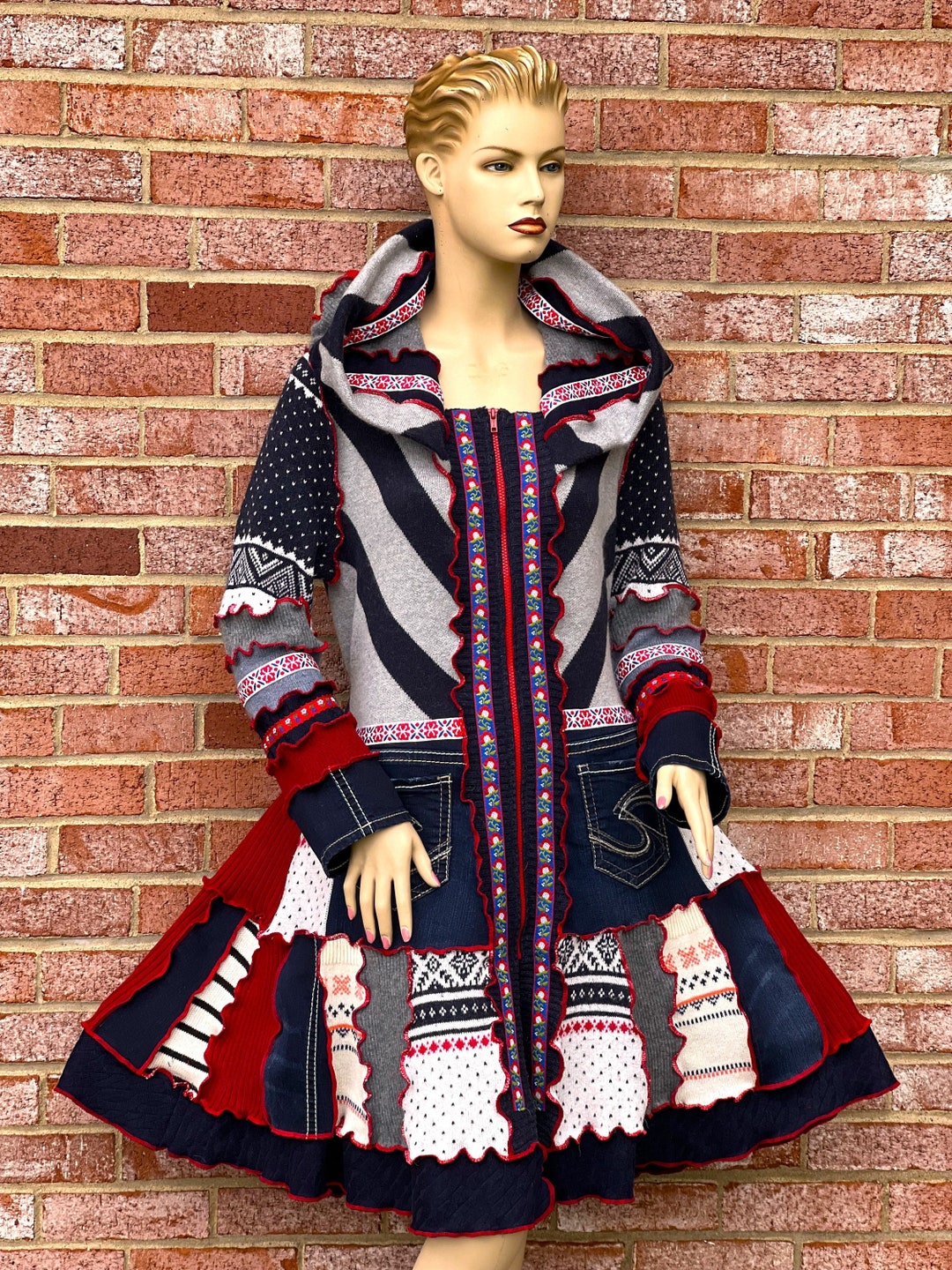 L Hooded Wool Coat Denim Patchwork Upcycled Long Sweater - Etsy