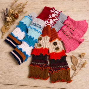 Long Fingerless Gloves Upcycled Sweater Arm Warmers Hippie Patchwork Sleeves Handmade Knit Wrist Cuffs Bohemian Accessories Gift for Grandma