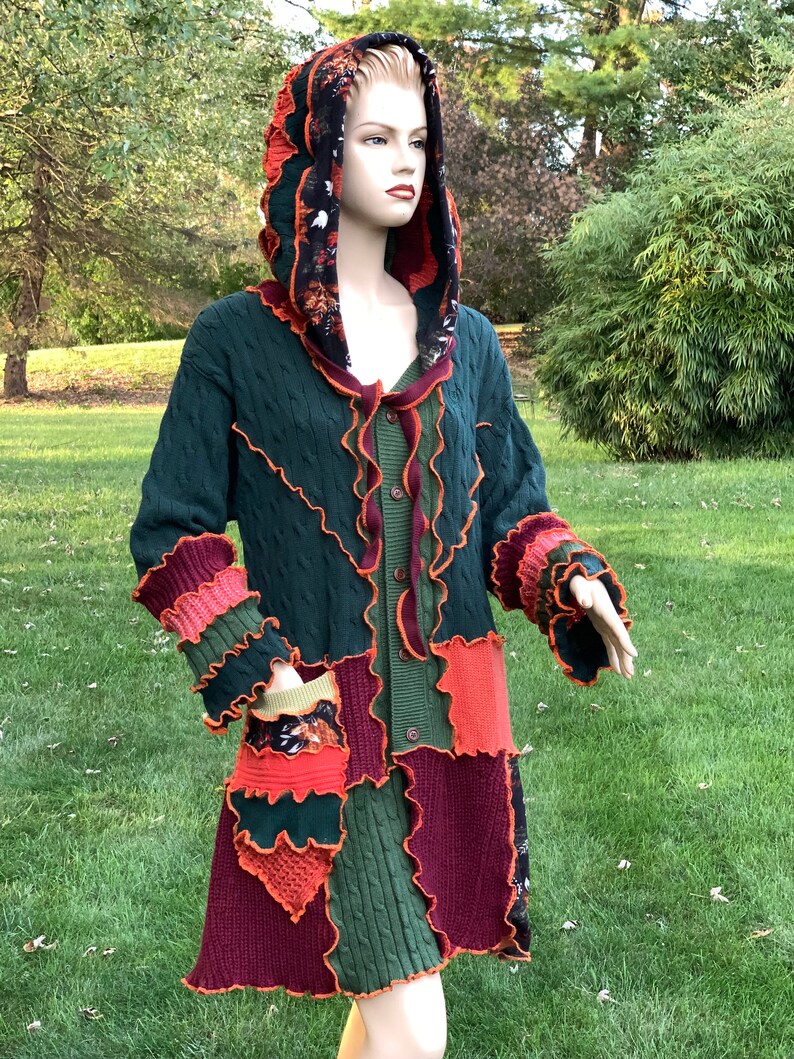 Aesthetic Upcycled Festival Jacket Handmade by DbN XL Patchwork Hooded Sweater Coat Plus Size Clothing Wool-Free Sweater Jacket