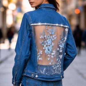 Lace Denim Jacket Rhinestone Trim Silver Floral Embroidery Bridal Bachalorate Party Wear Special Occasion Jean Jacket Bohemian Outerwear