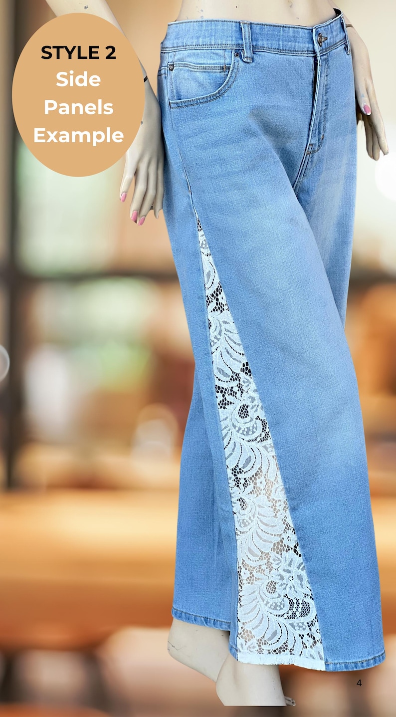 Handmade lace panel jeans transforming original denim into custom flare pants, artistic upcycled fashion piece with boho aesthetic