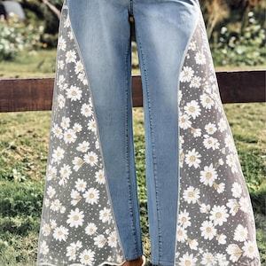 Custom send your own denim jeans with lace inserts, upcycled flare pants designed for festival wear and unique gift for her