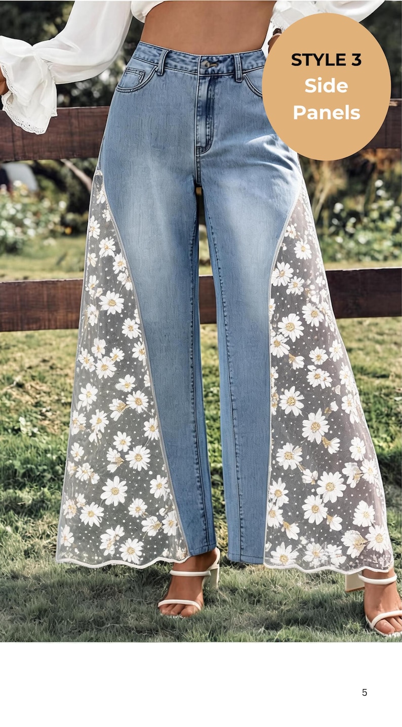 Custom send your own denim jeans with lace inserts, upcycled flare pants designed for festival wear and unique gift for her