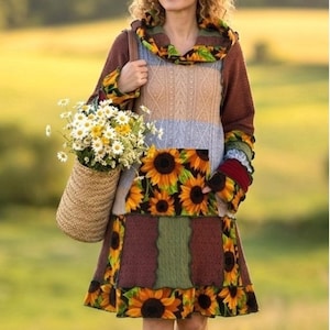 Hooded Mini Dress Fall Sweater Upcycled Rust Green Sunflower Patchwork Artisan Wearable Art Handmade Fall Winter Whimsical Clothing Gift