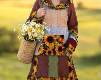 Hooded Mini Dress Fall Sweater Upcycled Rust Green Sunflower Patchwork Artisan Wearable Art Handmade Fall Winter Whimsical Clothing Gift