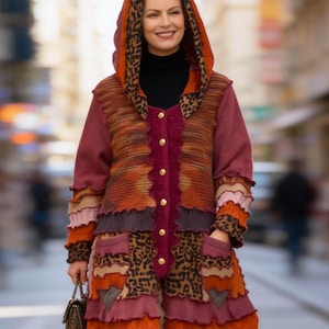 Wool Patchwork Cardigan Plus Size XL Katwise Style Bohemian Hooded Sweater Fall Fashion Streetwear