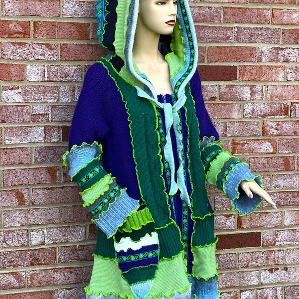L/XL Chunky knit swing coat upcycled patchwork sweater jacket non-wool, Katwise inspired streetwear hoodie, Unique clothing for women