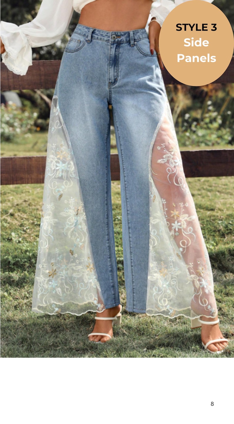 Handmade lace panel jeans transforming original denim into custom flare pants, artistic upcycled fashion piece with boho aesthetic