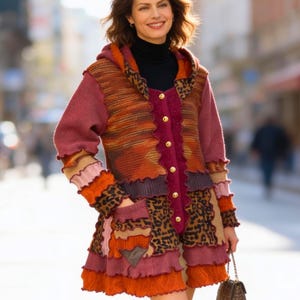 Upcycle Wool Cardigan XL Designer Women's Bohemian Wear Hooded Jacket Animal Print Ruffle Sweater