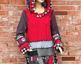 XL Hundepullover Hoodie Hoodie Kleid upcycled Patchwork, Geschenk für Hundeliebhaber, Einzigartige Kleidung für Frauen