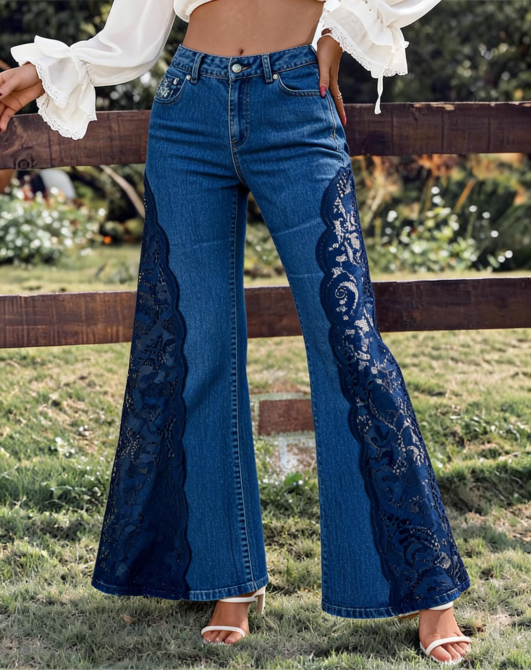 Navy Blue Lace Denim Jeans Bell Bottom Flare See Through Sides Leg Statement Piece Bohemian Style Clothing Women Handmade Custom Apparel