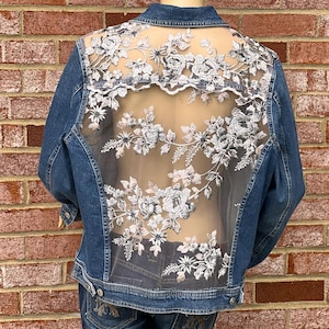 Boho Sheer Lace Denim Jacket Floral Embroidered Jean Jacket Bridal Jacket Bachelorette Party Gift for Her Festival Bohemian Clothing