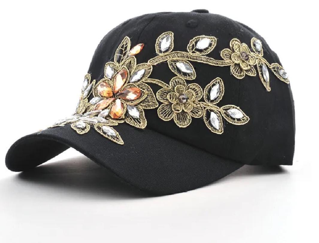 Rhinestone Floral Denim Baseball Cap: Crystal Applique Bling  display picture 3