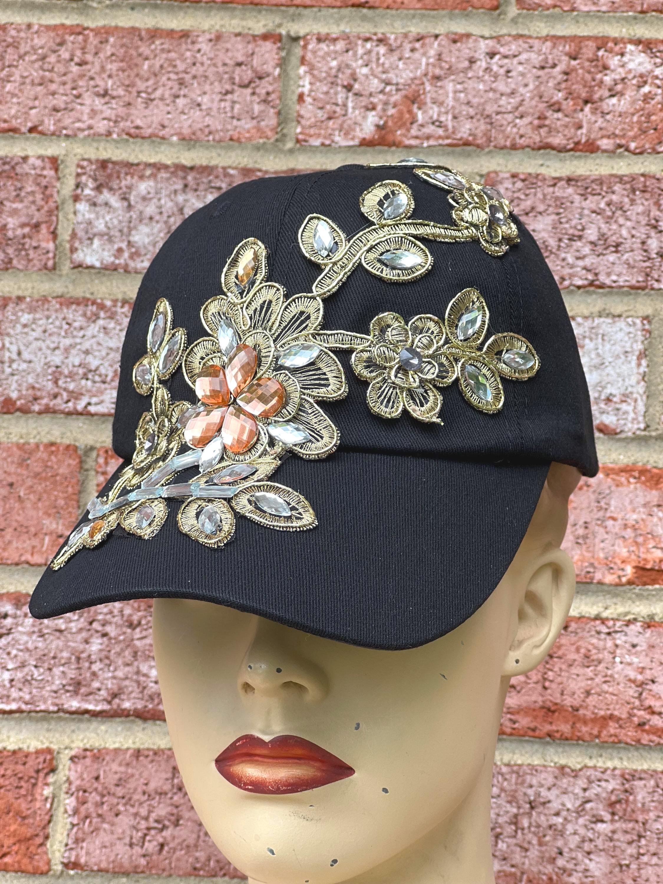 Embellished Denim Cap Jeweled Floral Appliqué Boutique Hat NEW*Studded Fleur De Lis Denim Cap – Vogue Bling Shop main image 4