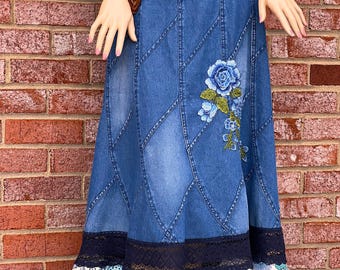 Unique Jeans Lace Side Panel Wide Leg Jean Denim Boho Chic