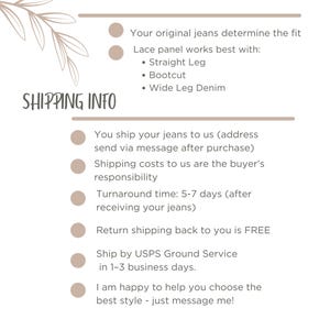 May include: A beige graphic with text that reads "SHIPPING INFO". The text also includes information about jeans, including fit, style, and shipping details. There is also a decorative leaf design.