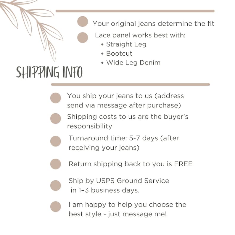 May include: A beige graphic with text that reads "SHIPPING INFO". The text also includes information about jeans, including fit, style, and shipping details. There is also a decorative leaf design.