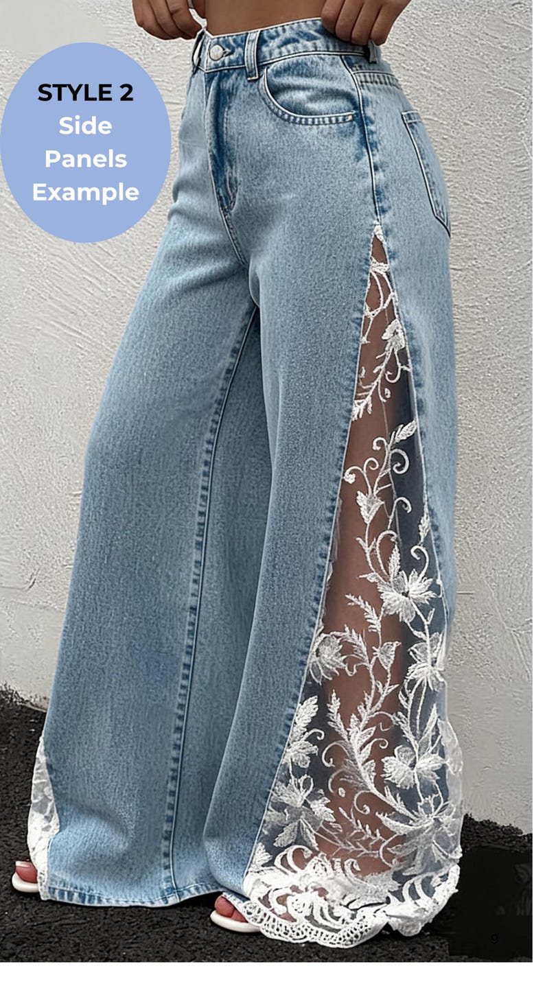 Boho lace flare jeans with floral lace details, custom upcycled denim pants styled as festival outfit statement clothing for women