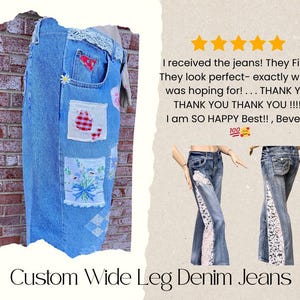 May include: Custom wide-leg denim jeans with decorative patches. The jeans feature a light blue wash, with patches of various designs, including floral embroidery and a red gingham pattern. The text "Custom Wide Leg Denim Jeans" is at the bottom.