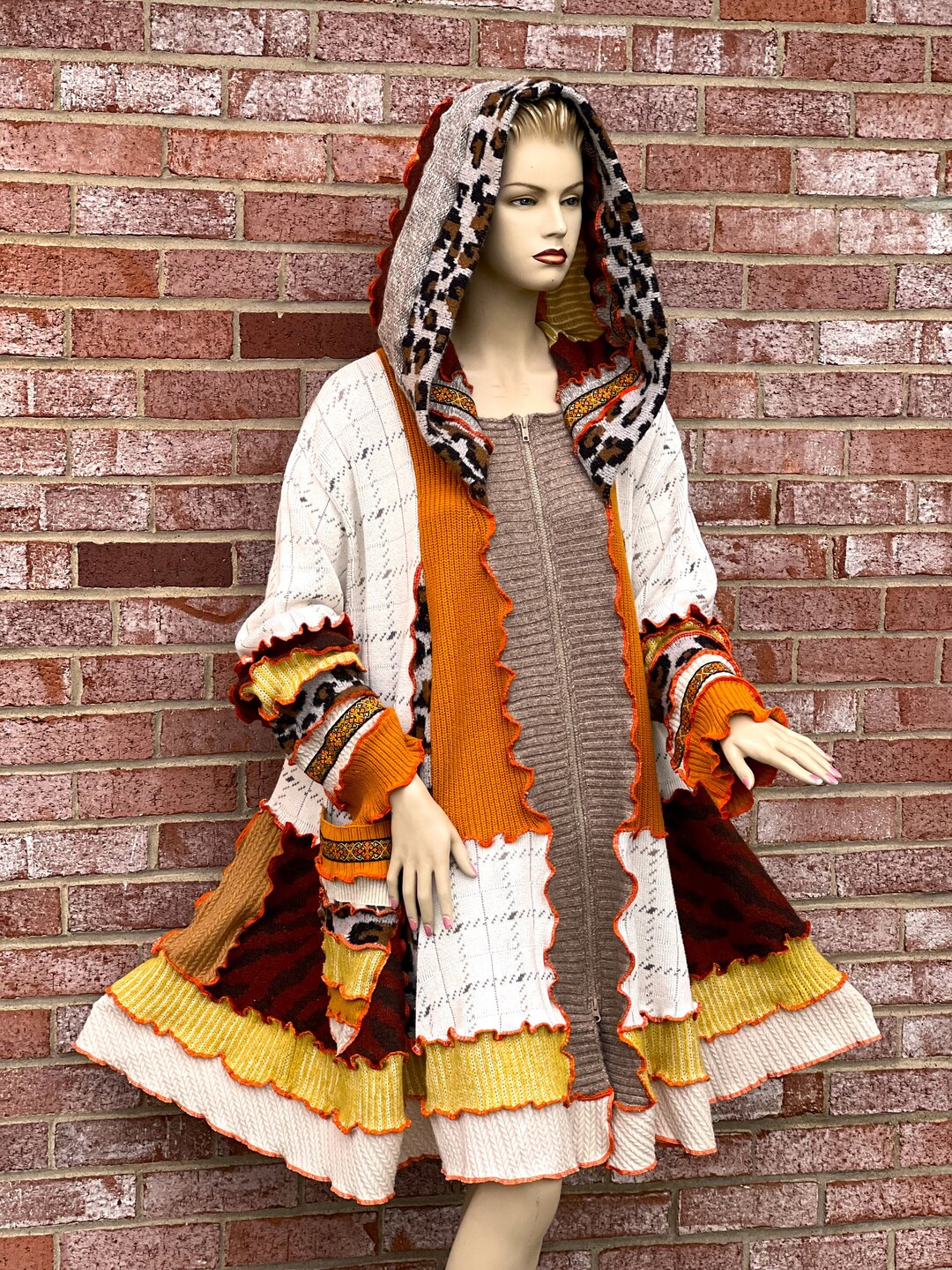4X Plus Size Long Sweater Coat Hoodie Upcycled Patchwork, Cotton ...
