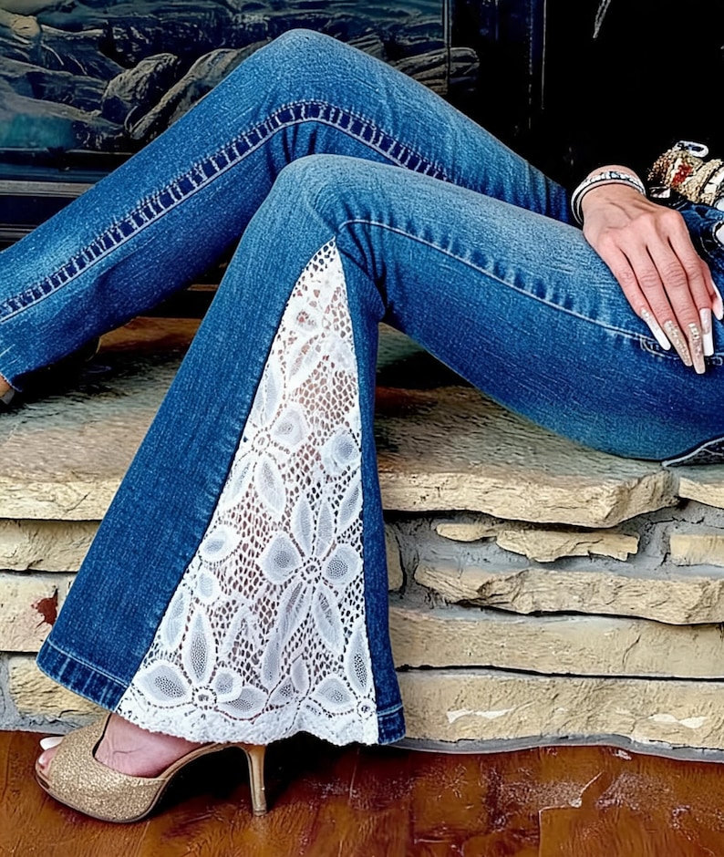 Upcycled denim flare pants with lace panels, handmade custom jeans created from send your own denim for unique bohemian clothing