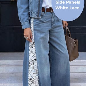 Statement lace flare jeans with detailed lace panels, handmade upcycled denim clothing perfect for boho fashion and travel outfits