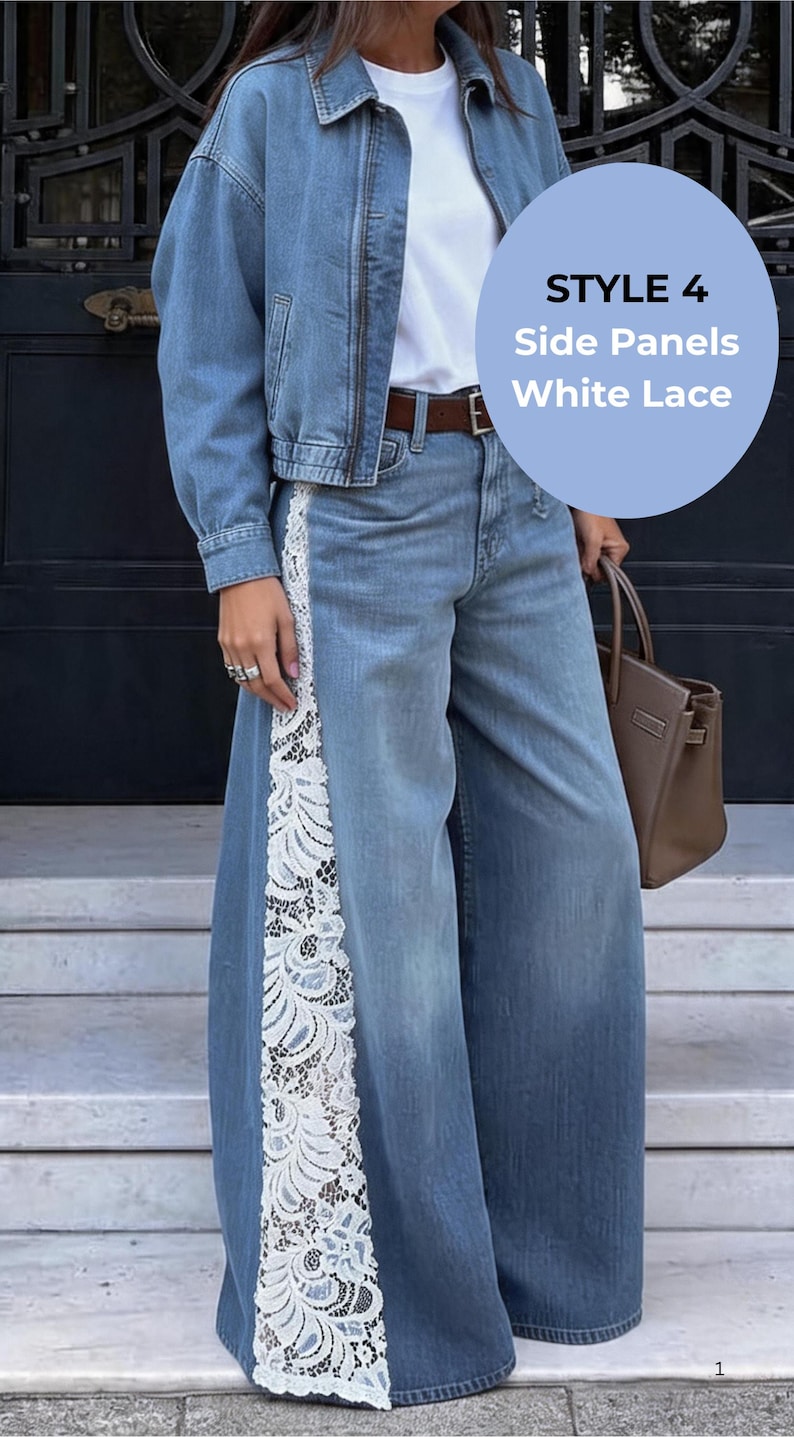 Statement lace flare jeans with detailed lace panels, handmade upcycled denim clothing perfect for boho fashion and travel outfits