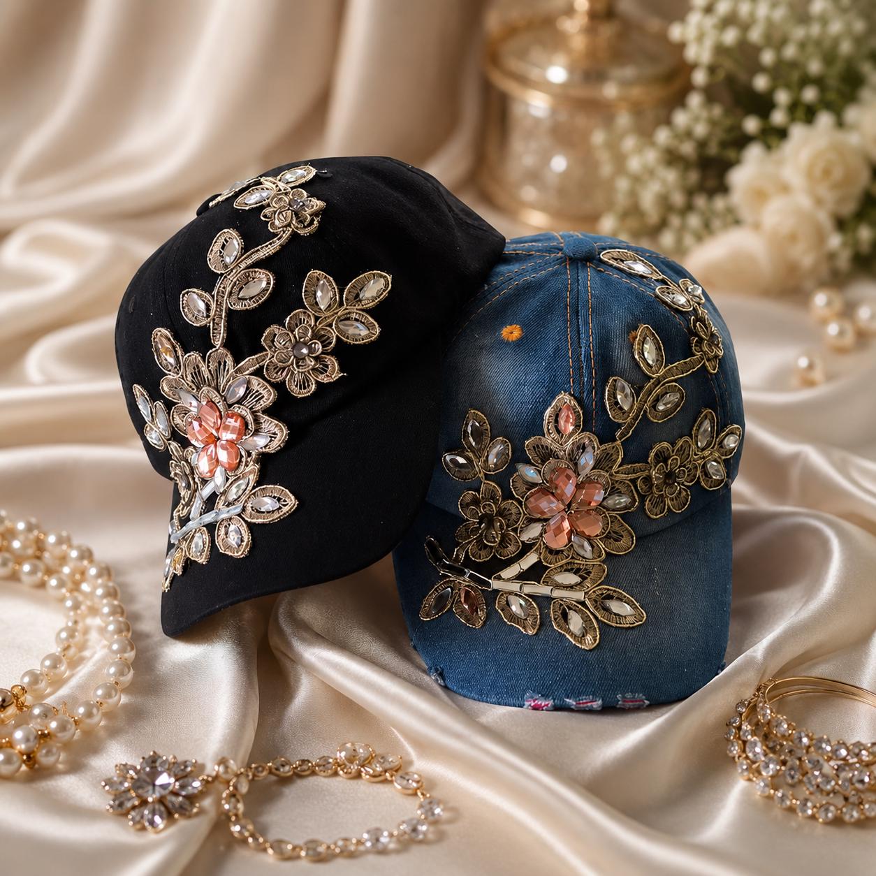 Rhinestone Baseball Cap Crystal Applique Floral Denim Bling  display picture 2