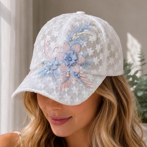 Lace Baseball Cap White Cruise Travel Wedding Women's Headwear Embroidered Floral Applique Bedazzled Caps Bling Jeweled Sequin Adjustable