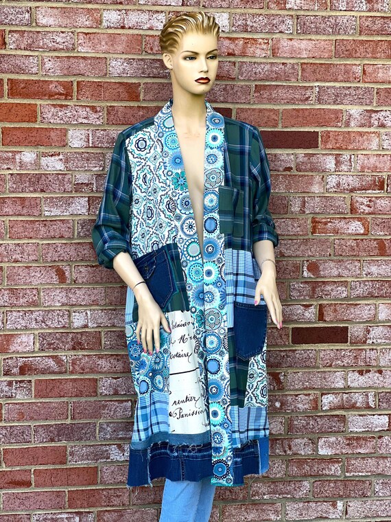 Plaid Flannel Patchwork Cardigan XL 1X Handmade Distressed Jeans Patched Duster Coat Unique Boho Street Wear Upcycled Clothing for Women Etsy