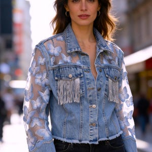 Silver Fringes Blue Jean Jacket Sheer Butterfly Mesh Boho Denim Coat Festival Wear