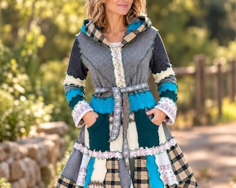 Fairy Core Upcycled Wool Coat Artisan Crafted Long Pixie Hood Patchwork Cardigan Sweater Women Festival Clothing Boho Hippie Street Wear