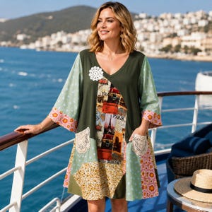Boho Patchwork Dress Travel Mom Gift Custom Apparel All Cotton Crochet Flowing Tunic Plus Size Upcycled Women Clothing Bohemian Textile Art