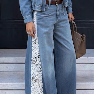Custom lace flare jeans made from customer’s denim, featuring handmade lace panel inserts in a boho festival style statement outfit