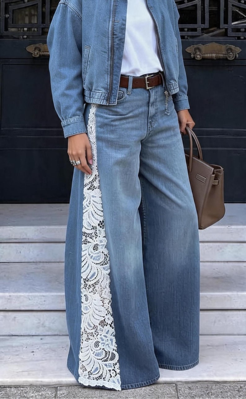 Custom lace flare jeans made from customer’s denim, featuring handmade lace panel inserts in a boho festival style statement outfit