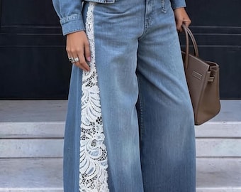 Lace Flare Jeans Send Your Own To Order Custom Reworked Denim Pants Bell Bottoms Festival Bohemian Wear Statement Piece
