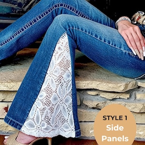 Custom lace flare jeans made from customer’s denim, featuring handmade lace panel inserts in a boho festival style statement outfit