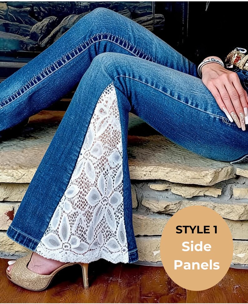 Custom lace flare jeans made from customer’s denim, featuring handmade lace panel inserts in a boho festival style statement outfit