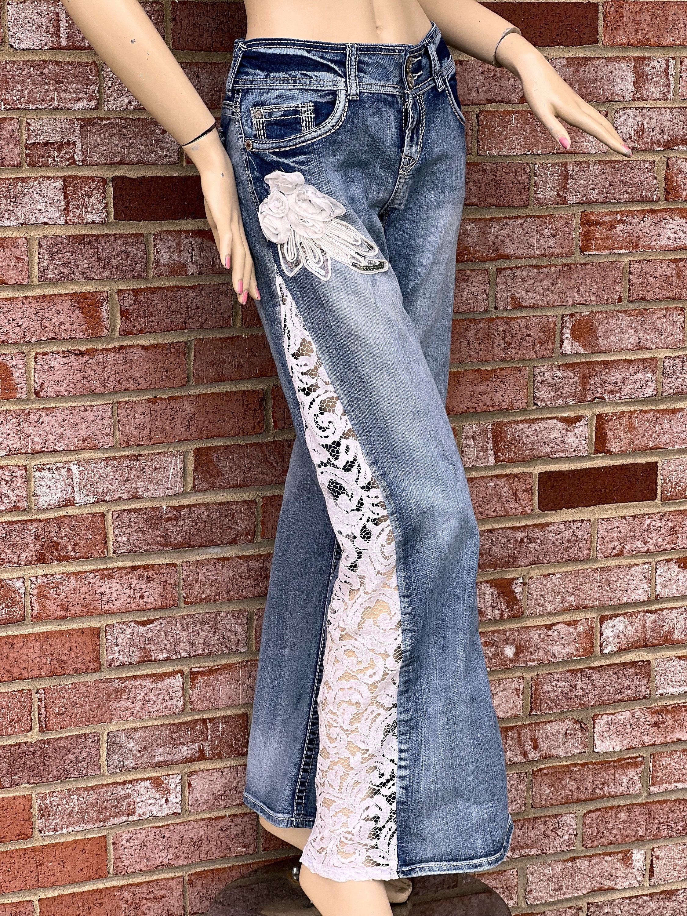 Unique Jeans Lace Side Panel Wide Leg Jean Denim Boho Chic