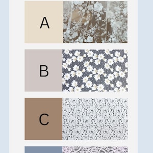 May include: Image showcasing four lace fabric options labeled A through D. Option A features white floral lace, B has a daisy pattern, C displays a black and white floral design, and D presents a white lace with intricate details. The text "Lace Available" is at the top.