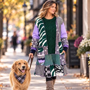 May include: A patchwork sweater dress featuring a mix of textures and patterns, including dark green cable knit, purple knit sleeves, grey fabric with white paw prints, and black and white zebra stripes, with a round neckline and long sleeves.