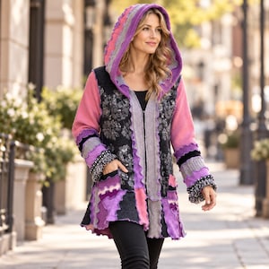 Könnte beinhalten: Eine Kapuzenjacke mit Reißverschluss und Patchwork-Design in Rosa-, Lila- und Grautönen. Das Kleidungsstück verfügt über ein schwarzes Mittelteil mit Blumenmuster, gerüschte Kanten, lange Ärmel mit Fransenbündchen und zwei Vordertaschen.
