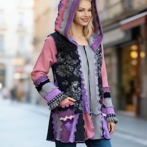 Cárdigan de primavera talla L, de lana de cachemira reciclada con patchwork, chaqueta floral con capucha, ropa textil.